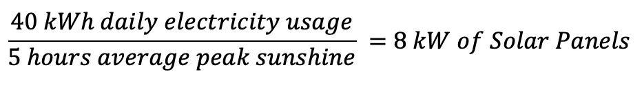 (40 kWh daily electricity usage)/(5 hours average peak sunshine) =8 kW of Solar Panels